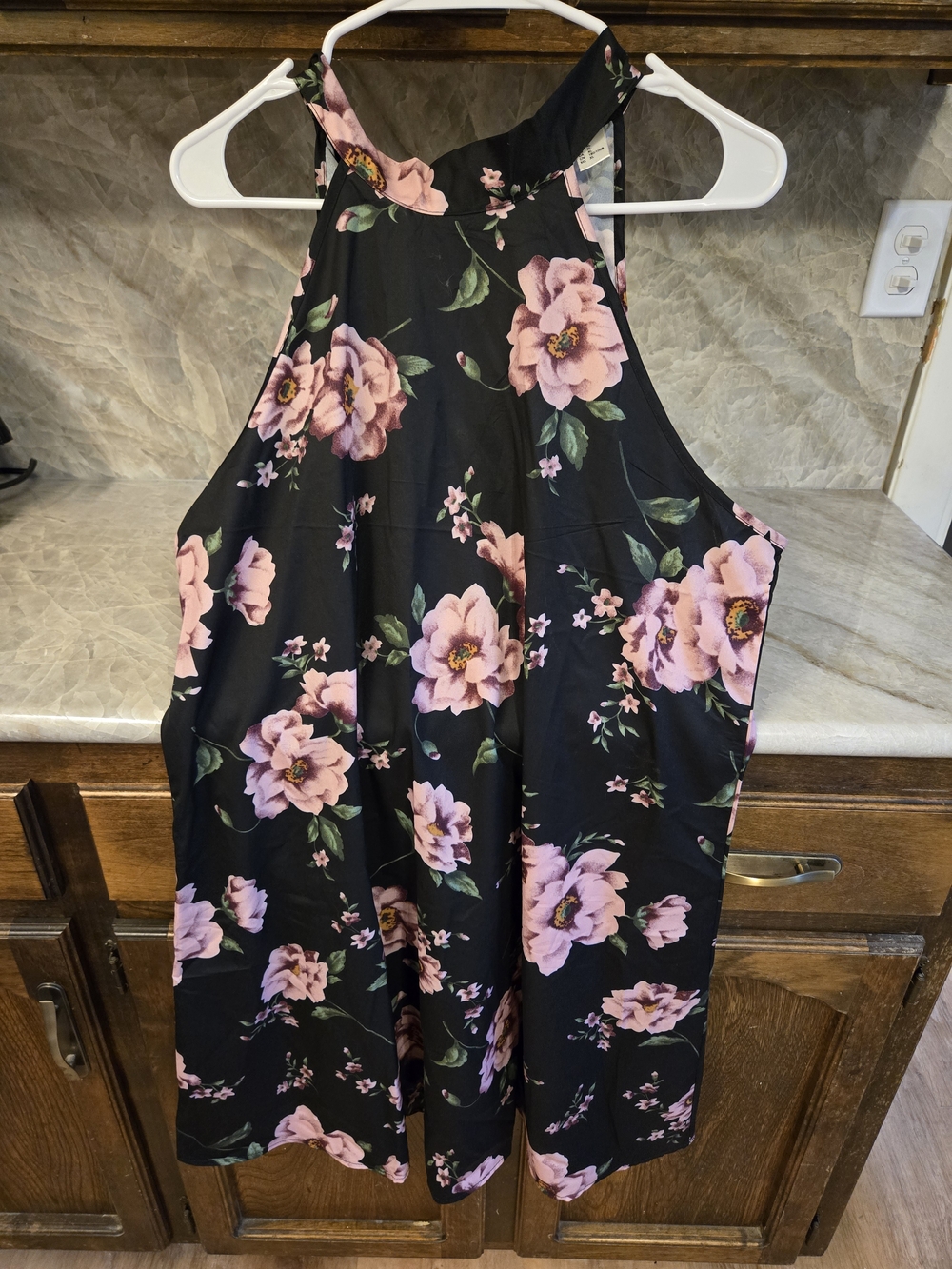Black Floral Halter Neck Dress with Pink Blooms